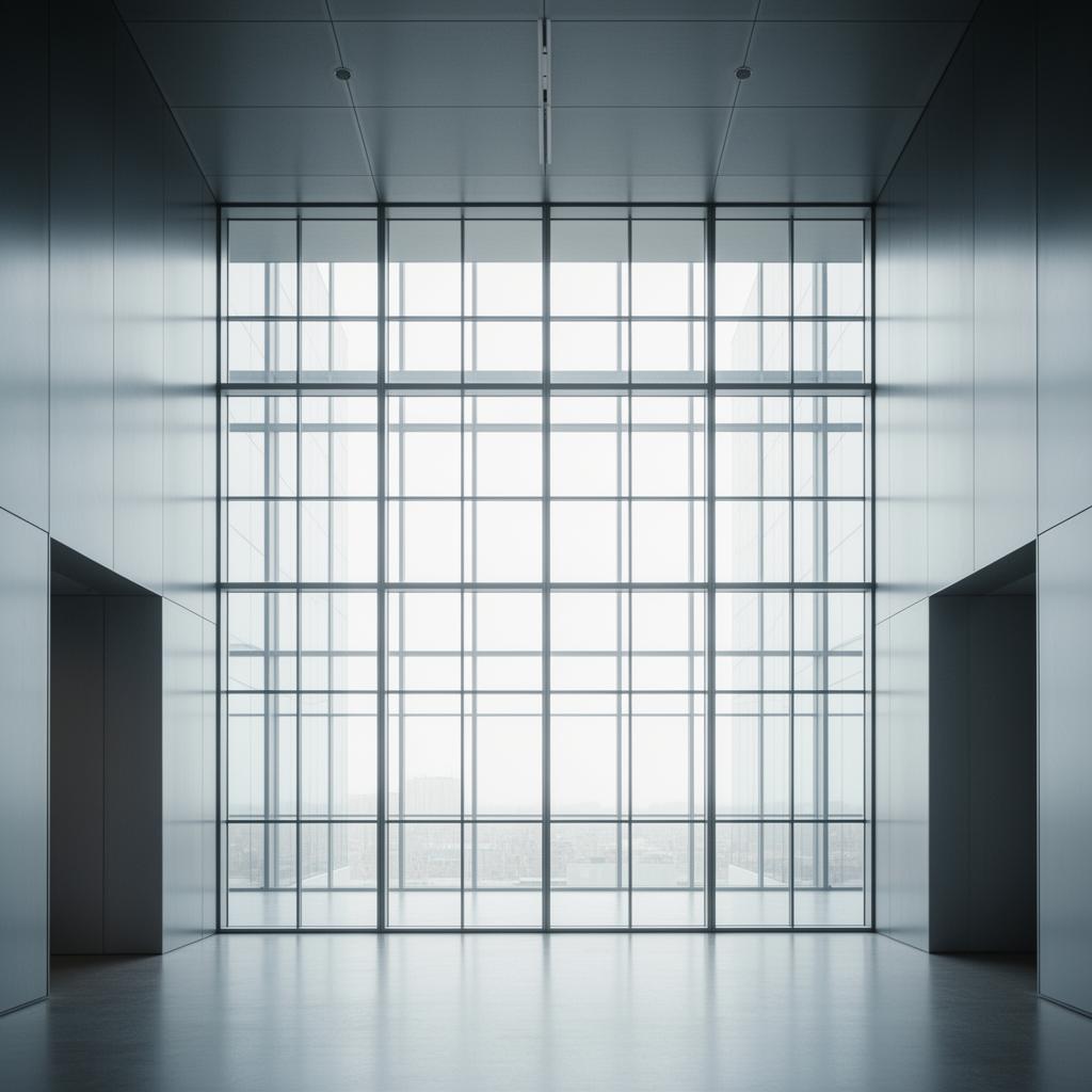 Cool neutral architectural light streaming through modern glass